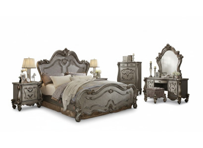 Conjunto de dormitorio clásico con cama, 2 mesitas de noche, cómoda y espejo de 5 piezas.