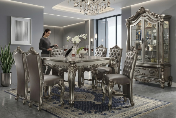 Muebles de comedor en estilo barroco gris Conjunto de mesa de comedor Vitrina con 6 sillas