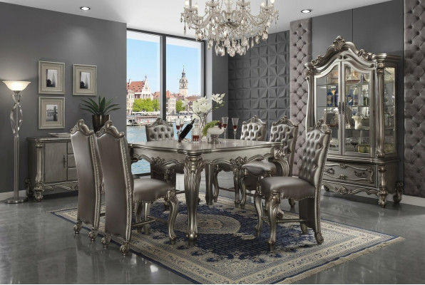Muebles de comedor en estilo barroco gris Conjunto de mesa de comedor Vitrina con 6 sillas