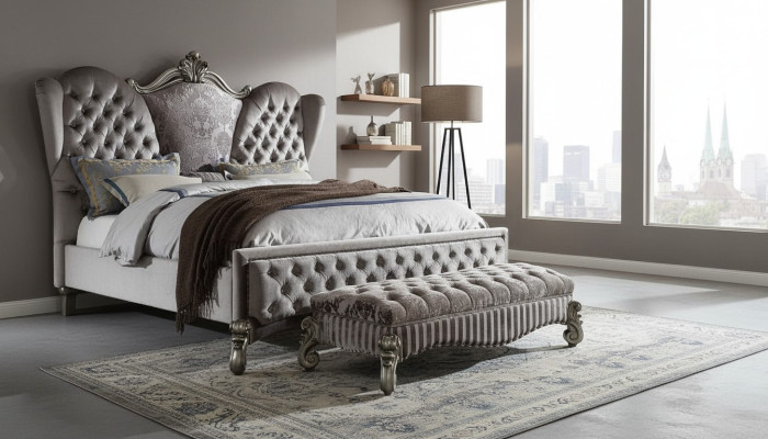 Cama Cama tapizada de lujo Dormitorio doble Decoración Barroca Madera Cuero Camas