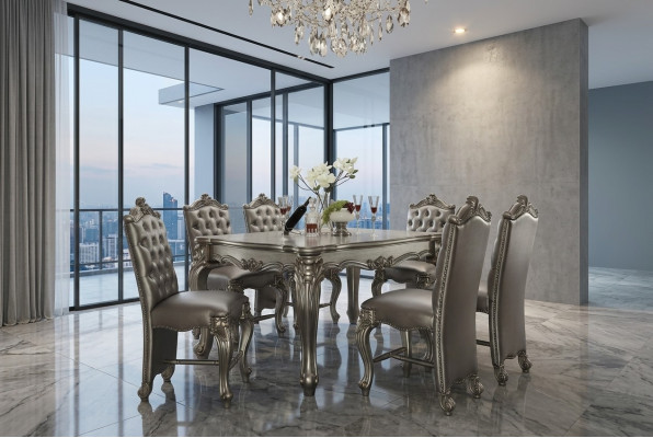 Mesa de comedor rectangular clásica gris con 8 sillas de cuero de madera Chesterfield.