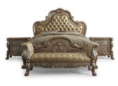 Cama 2x Mesita de noche 3 piezas. Conjunto de dormitorio Camas de lujo Chesterfield Cuero