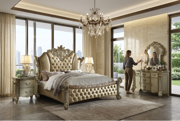 Conjunto de muebles de 5 piezas cama + 2 mesitas de noche + cómoda + espejo para dormitorio.