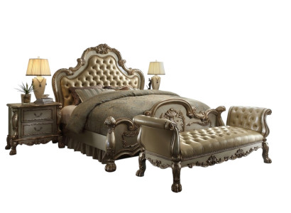 Chesterfield cama de lujo de cuero cama 2 x mesitas de noche taburete cama doble