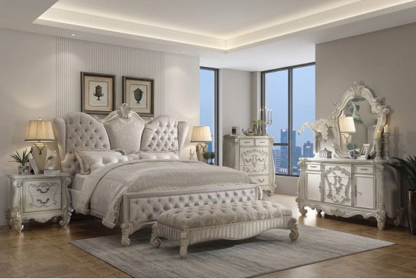 Diseño de dormitorio de 6 piezas. Cama 2x Mesita de noche Taburete Cómoda Espejo