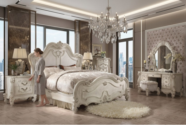 Conjunto clásico de dormitorio Cama Mesita de noche Taburete Tocador Espejo