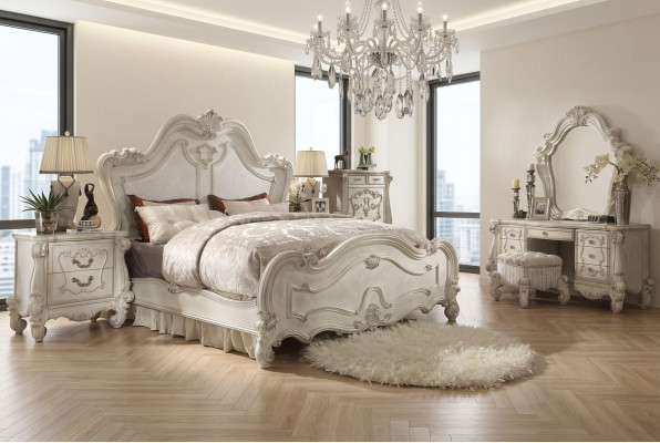Conjunto clásico de dormitorio Cama Mesita de noche Taburete Tocador Espejo