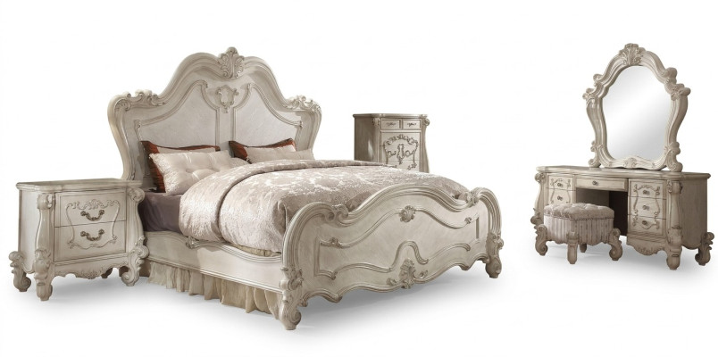 Conjunto clásico de dormitorio Cama Mesita de noche Taburete Tocador Espejo