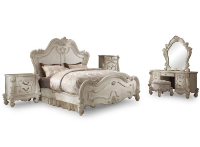 Conjunto clásico de dormitorio Cama Mesita de noche Taburete Tocador Espejo