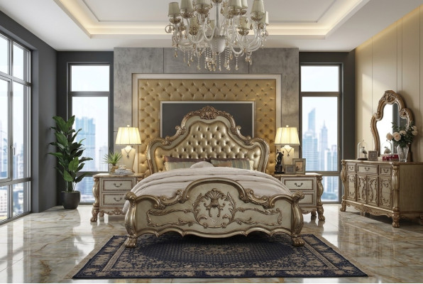 Cama clásica estilo Barroco Chesterfield Rococó para hotel doble de cuero antiguo.