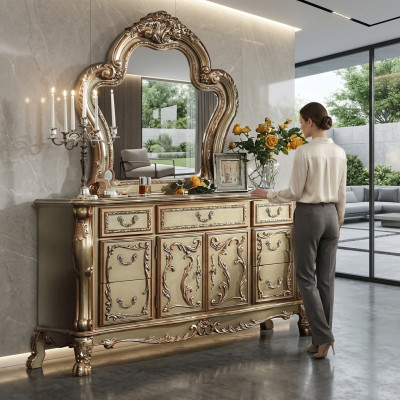 Noble cómoda buffet cajones armario + espejo barroco rococó aparador madera nuevo
