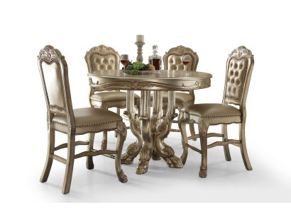 Clásica mesa redonda de comedor de oro con 4 sillas Chesterfield x4 juego de 5 piezas.