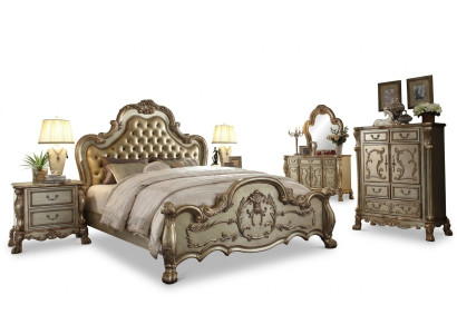 Set de dormitorio, mesitas de noche, cama, 5 piezas. Clásico barroco rococó estilo antiguo madera.
