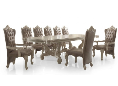 Juego de comedor clásico en blanco antiguo. Mesa de comedor grande con sillas Chesterfield.