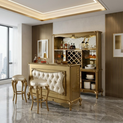 Moderno conjunto de bar Barganitur diseñador Chesterfield con 2 taburetes de bar Juego completo de 3 piezas.