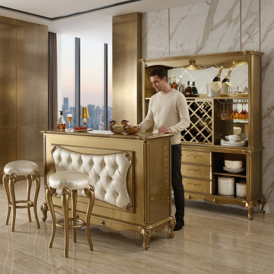 Mueble de bar completo de 4 piezas: mesa alta, 2 taburetes de bar, armario estilo barroco rococó.