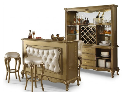 Mueble de bar completo de 4 piezas: mesa alta, 2 taburetes de bar, armario estilo barroco rococó.