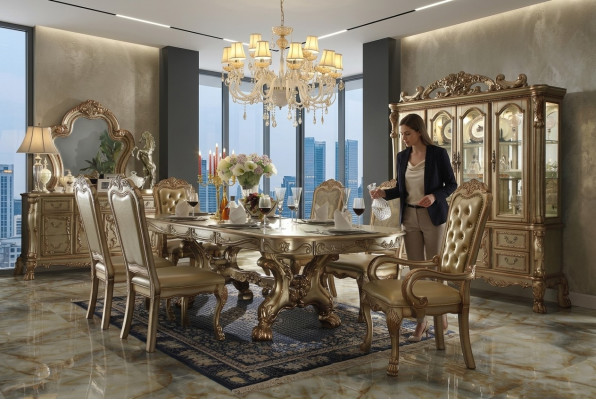 Clásica mesa de comedor Juego de comedor de diseño de sillas Chesterfield de lujo 9 piezas.