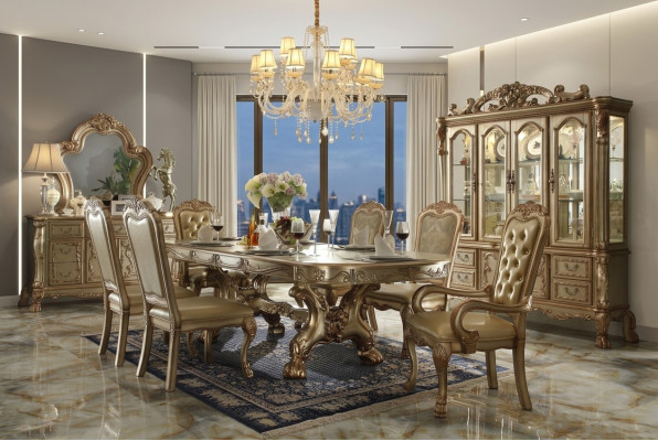 Clásica mesa de comedor Juego de comedor de diseño de sillas Chesterfield de lujo 9 piezas.