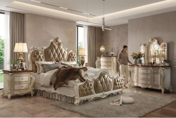 Dormitorio Set Mesillas de noche Cama 5 piezas. Estilo rococó barroco antiguo Madera Cama