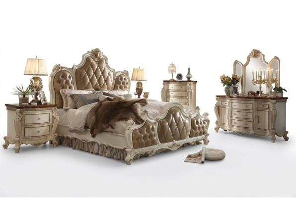 Dormitorio Set Mesillas de noche Cama 5 piezas. Estilo rococó barroco antiguo Madera Cama