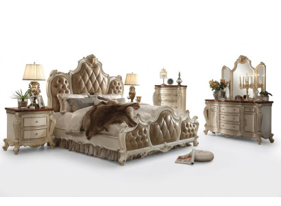 Dormitorio Set Mesillas de noche Cama 5 piezas. Estilo rococó barroco antiguo Madera Cama