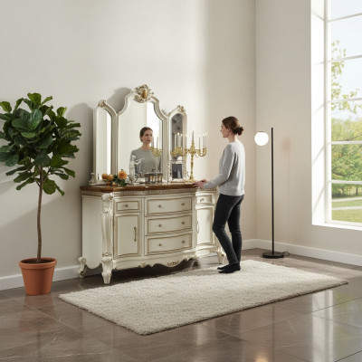 Buffet Aparador Cómoda con Espejo Hecho a Mano Madera Real Rococó Barroco