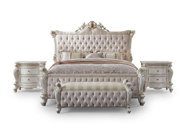 Juego de dormitorio Chesterfield de 3 piezas. Conjunto cama + 2 mesitas de noche estilo barroco.