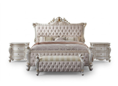 Juego de dormitorio Chesterfield de 3 piezas. Conjunto cama + 2 mesitas de noche estilo barroco.