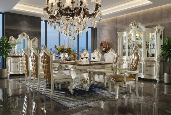 Conjunto clásico de comedor beige de lujo mesa de comedor 8 sillas Chesterfield 11 piezas conjunto