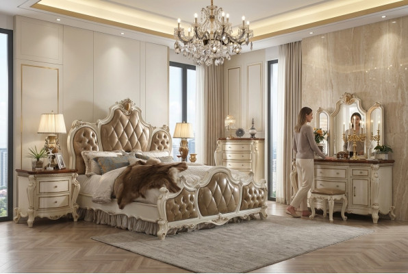 Camas Chesterfield de lujo Cuero Cama palaciega real Cama de hotel Cama doble