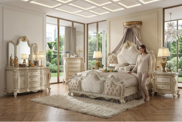 Dormitorio de diseñador con cama, 2 mesitas de noche y cómoda, conjunto de 4 piezas. Nuevo 180x200cm.