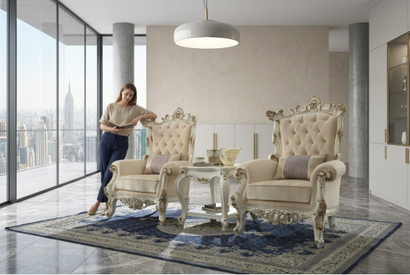 Trono Silla Asiento Real Tapizada 1 Plaza Estilo Antiguo Sillas Beige Madera Barroca