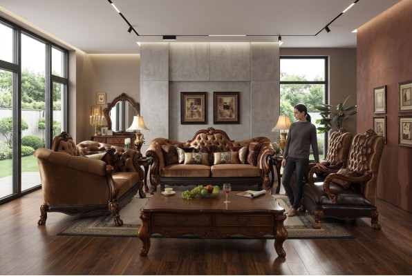 Sofá de 3 plazas tapizado de tela con estructura de madera Chesterfield.