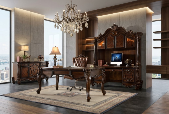 Mueble de oficina, escritorio, silla de director, conjunto completo estilo rococó barroco de 2 piezas.