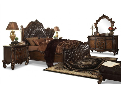 Diseño de dormitorio de 5 piezas. Juego completo de dormitorio con cama, decoración y mesita de noche.