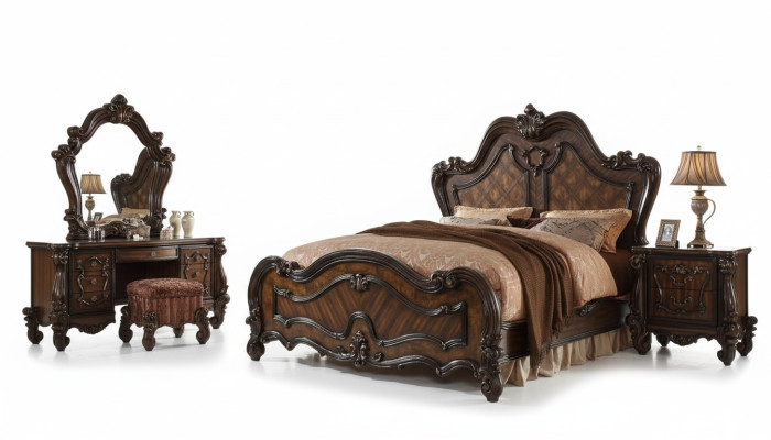Dormitorio Mesitas de noche Set Cama 5 piezas. Estilo antiguo barroco rococó de madera.