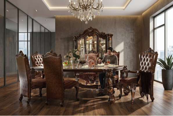 Mesa de comedor de madera clásica marrón + conjunto de comedor de 7 piezas Chesterfield con 6 sillas.