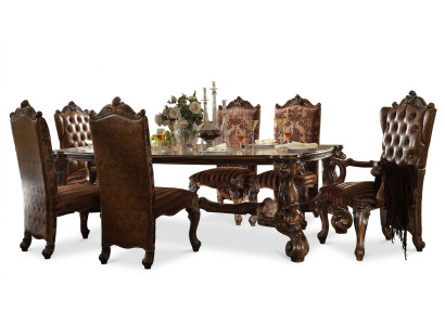 Mesa de comedor de madera clásica marrón + conjunto de comedor de 7 piezas Chesterfield con 6 sillas.