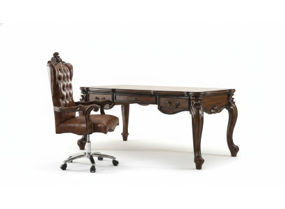 Silla de oficina, silla giratoria clásica de cuero y madera estilo barroco.