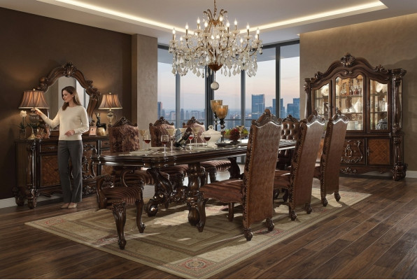 Clásico conjunto completo de mesa de comedor + 6 sillas Chesterfield, juego de comedor.