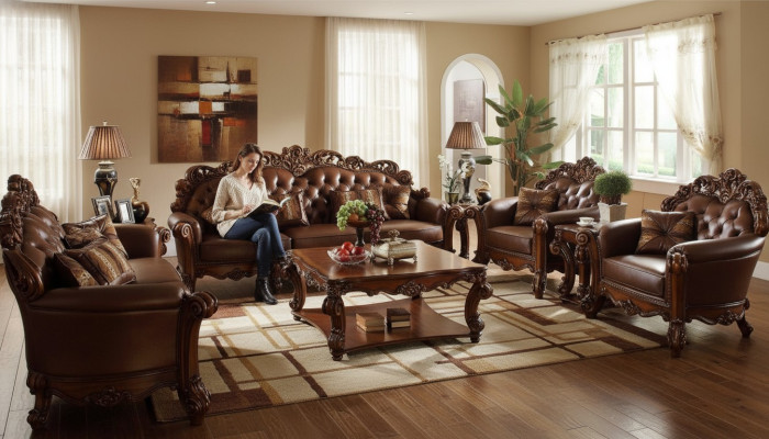Conjunto completo de muebles de salón de 5 piezas. Mesa de centro Sofá Madera Sala de estar.