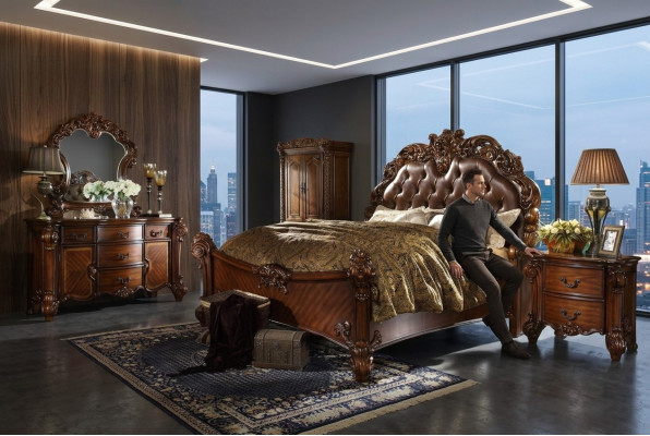 Conjunto clásico de dormitorio cama mesita de noche cómoda espejo cómoda