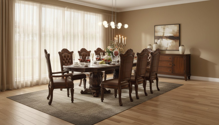 Lujoso juego de comedor de estilo barroco con mesa de comedor diseñada con sillas Chesterfield marrones.