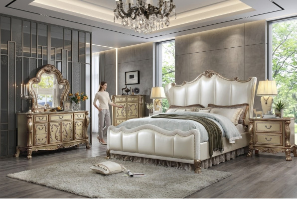 Dormitorio Mesitas de noche Conjunto Cama 5 piezas Estilo barroco rococó antiguo Cama de madera