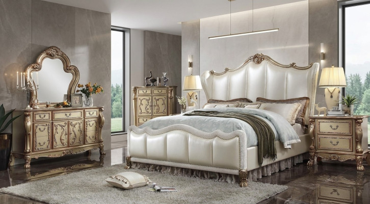 Dormitorio Mesitas de noche Conjunto Cama 5 piezas Estilo barroco rococó antiguo Cama de madera