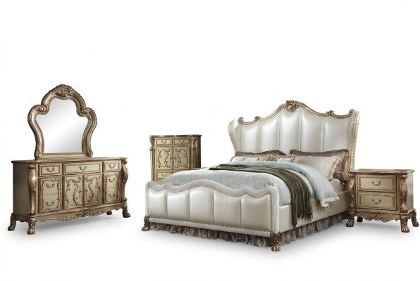 Dormitorio Mesitas de noche Conjunto Cama 5 piezas Estilo barroco rococó antiguo Cama de madera