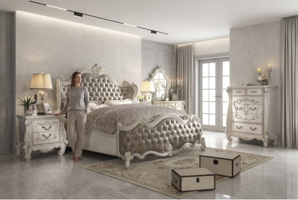 Conjunto de dormitorio clásico Cama Mesita de noche Cómoda Espejo 5 piezas.