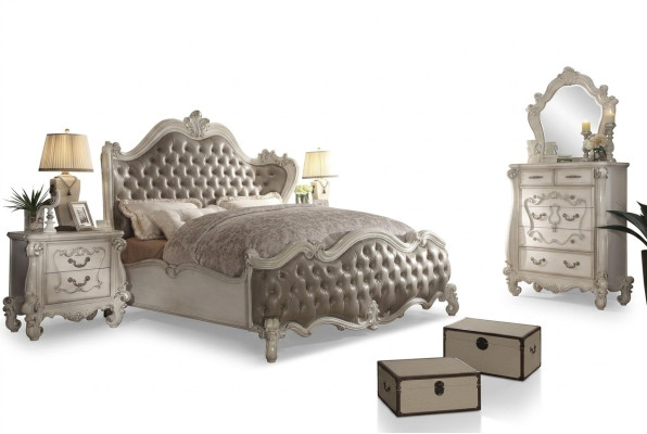 Conjunto de dormitorio clásico Cama Mesita de noche Cómoda Espejo 5 piezas.