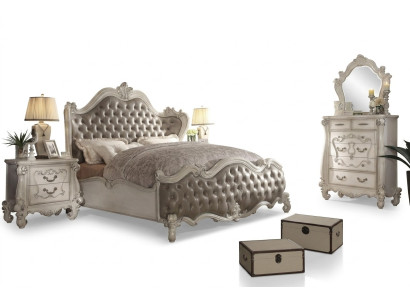 Conjunto de dormitorio clásico Cama Mesita de noche Cómoda Espejo 5 piezas.